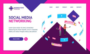 Sosyal İletişim İnternet Ağları Kavramı Açılış Web Sayfası Şablon 3d İzometrik Görünüm. Vektör