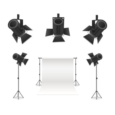 Gerçekçi Detaylı 3d Fotoğraf Stüdyosu ve Ekipmanları Seti. Vektör