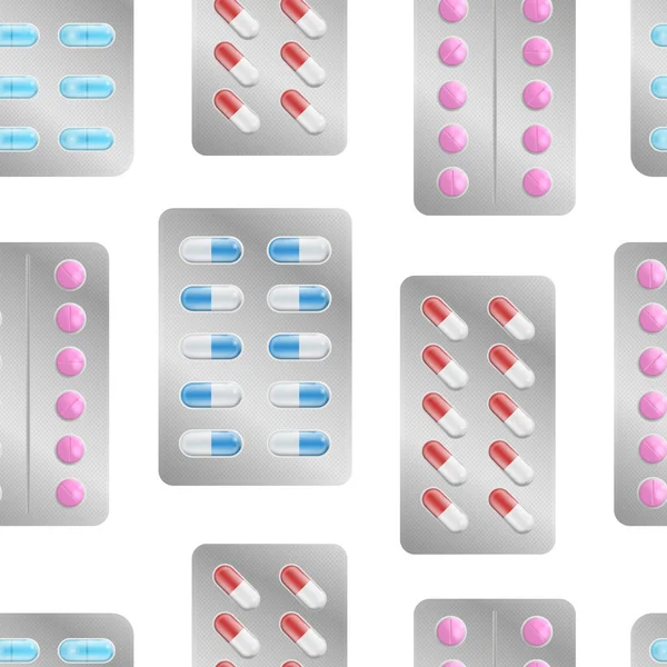 Realistyczne szczegółowe 3D opakowania dla leków bezszwowe tło wzór. Wektor — Wektor stockowy