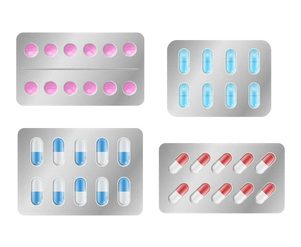Realistyczne szczegółowe 3D opakowania dla kolor zestaw leków. Wektor — Wektor stockowy