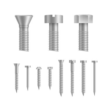Gerçekçi detaylı 3D metal vida ve cıvata seti. Vektör