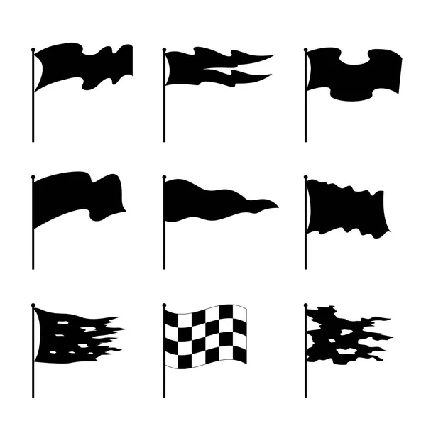 Ondeando banderas letreros conjunto de iconos negro. Vector — Vector de stock