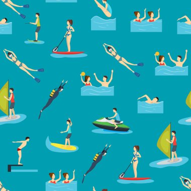 Karikatür su spor ve karakterler Insanlar Dikişsiz desen arka plan. Vektör