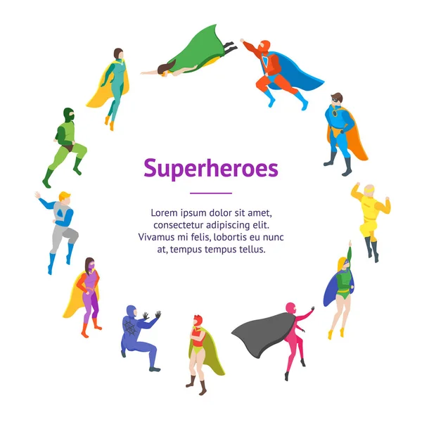 Personaggi dei cartoni animati Persone Super Heroes Banner Card Circle. Vettore — Vettoriale Stock