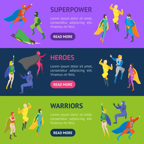 Personajes de dibujos animados Gente Super Heroes Banner Horizontal Set. Vector — Vector de stock