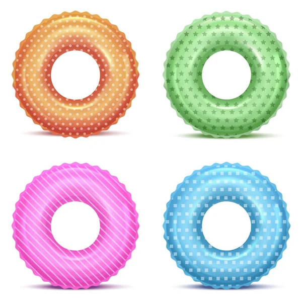 Realistyczne szczegółowe 3D kolory pływać pierścienie w różnych wzorów ustawić. Wektor — Wektor stockowy