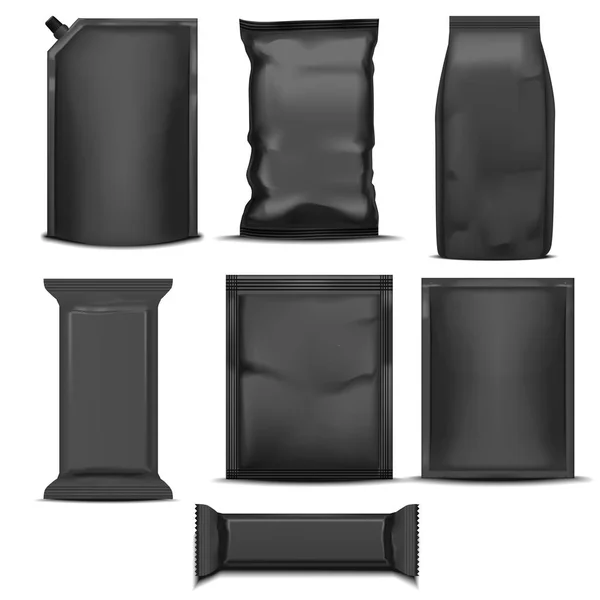 Realistyczne szczegółowe 3D różne Black blank Bag pakiet szablon zestaw Mockup. Wektor — Wektor stockowy