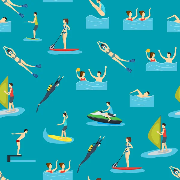 Dibujos animados Deporte acuático y personajes de las personas sin costura Patrón de fondo. Vector — Archivo Imágenes Vectoriales