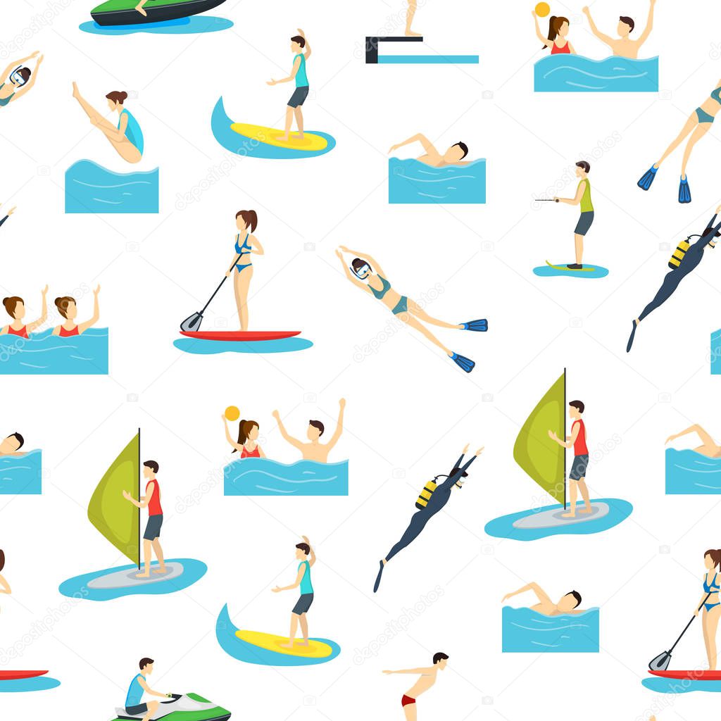 Cartoon Water Sport and Characters People Seamless Pattern Background. Vector