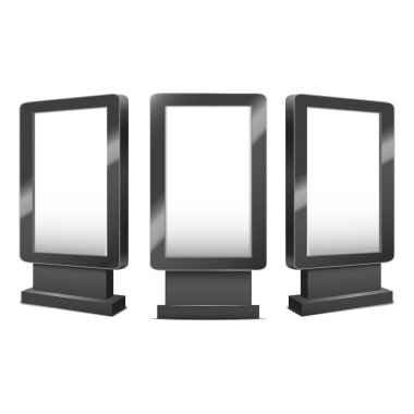 Gerçekçi Detaylı 3d Çeşitli Siyah Boş Açık veya Kapalı Stander Şablon Mockup Set. Vektör