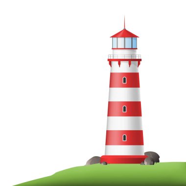 Kıyıda Gerçekçi 3d Detaylı Kırmızı Deniz Feneri. Vektör