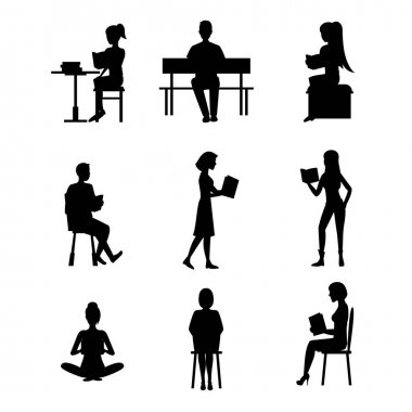 Karikatür Siluet Siyah Karakterler İnsanlar Erkek ve Kadın Okuma Kitapları Set. Vektör