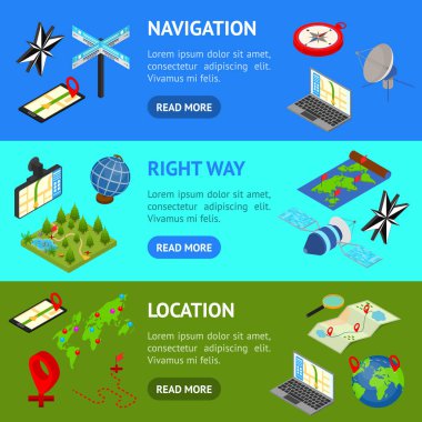Navigasyon Yöntemleri Araçları İşaretler 3d Banner Yatay Set İzometrik Görünüm. Vektör