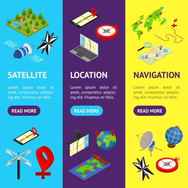 Navigasyon Yöntemleri Araçları İşaretler 3d Banner Vecrtical Set İzometrik Görünüm. Vektör