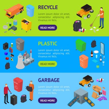 Çöp Geri Dönüşüm İşaretleri 3d Banner Yatay Set İzometrik Görünüm. Vektör