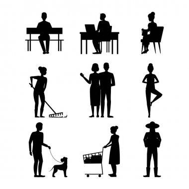 Karikatür Siluet Siyah Karakterler Modern Yaşlı İnsanlar Set. Vektör