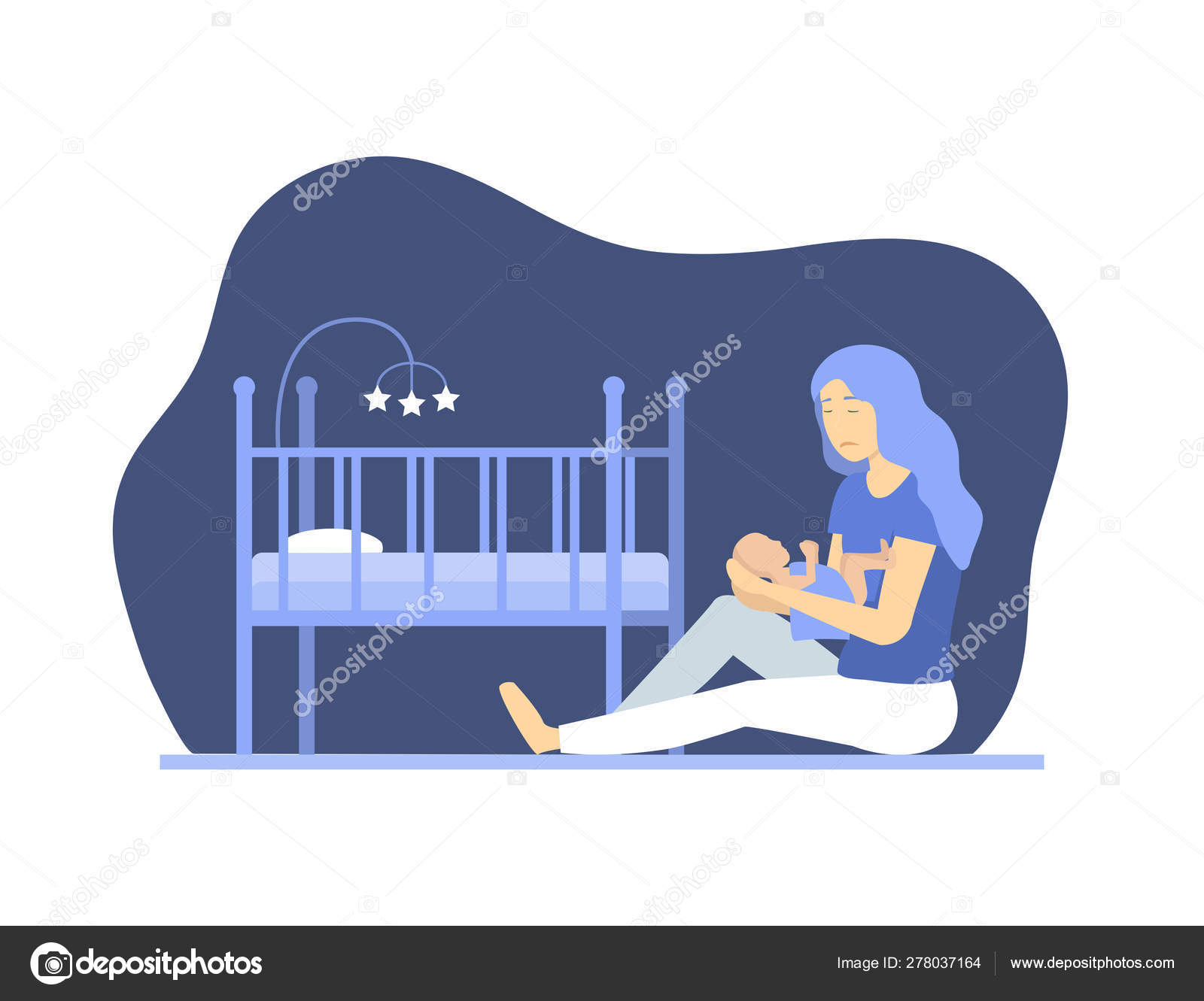 Cartoon Depressed Woman With Newborn Concept Characters People