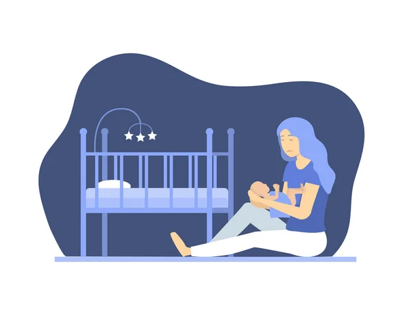 Cartoon Depressed Woman with Newborn Concept Characters People. Vector — Stock Vector