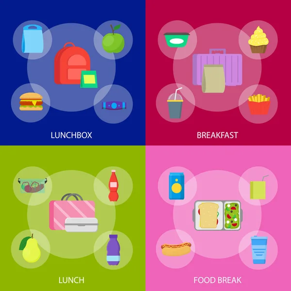 Set di banner per scatole alimentari per pranzo scolastico a colori per cartoni animati. Vettore — Vettoriale Stock