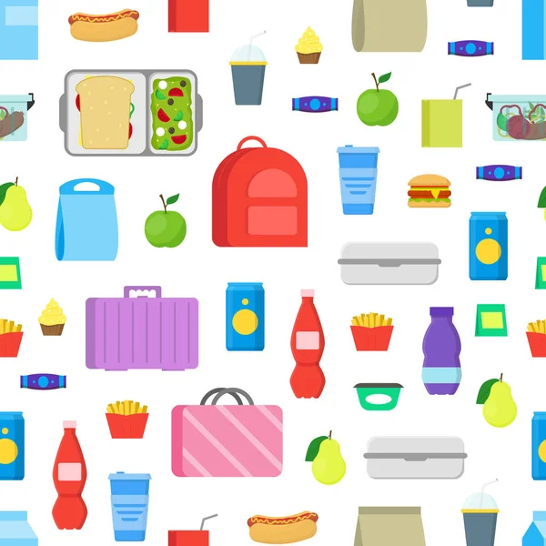 Cartoon kleur school lunch voedsel vakken naadloze patroon achtergrond. Vector — Stockvector