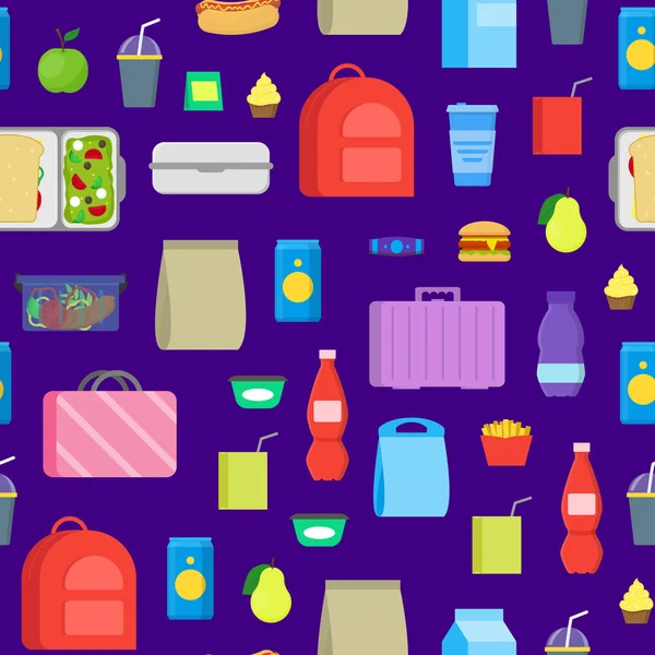 Cartoni animati colore scuola pranzo cibo scatole senza soluzione di continuità modello sfondo. Vettore — Vettoriale Stock