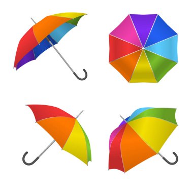 Gerçekçi Detaylı 3d Rainbow Boş Şemsiye Şablonu Mockup Set. Vektör