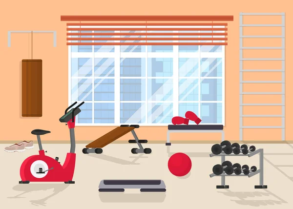 Cartoon Interior Inside Home Gym with Window. Vector — Stock Vector