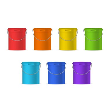 Gerçekçi Detaylı 3d Renkli Plastik Kova Seti. Vektör
