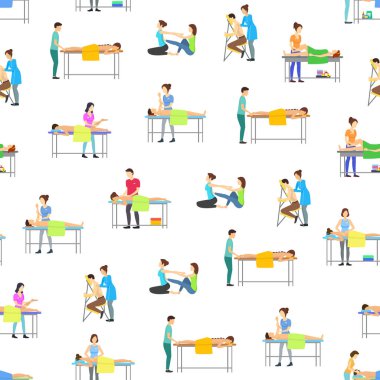 Karikatür Karakterler İnsanlar ve Masaj Prosedürü Dikişsiz Desen Arka Plan. Vektör