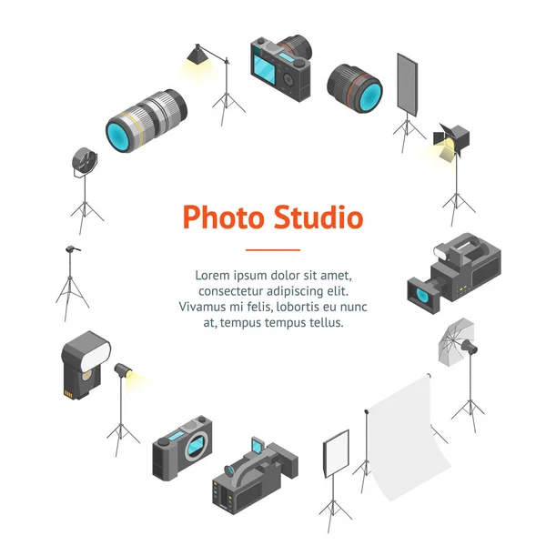 Foto Studio Equipment Signs 3d Banner Card Circle Vista isométrica. Vector — Vector de stock