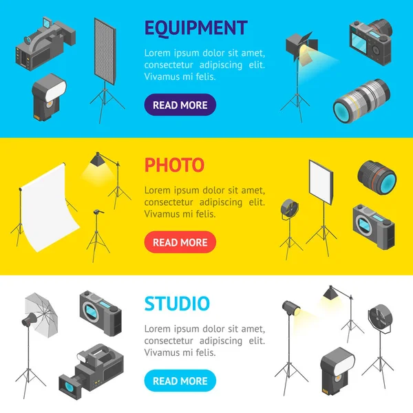 Foto Studio Equipment Signs 3d Banner Horizontal Set Isométrico Vista. Vector — Vector de stock