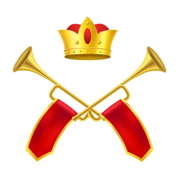 Realista detallado 3d rey real cuerno de oro conjunto y corona de oro. Vector — Archivo Imágenes Vectoriales