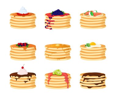Farklı Toppings Set ile Karikatür Renkli Krep. Vektör