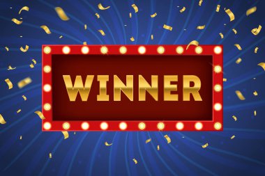 Ampuller Vintage Neon Kızdırma Çerçeve ile Kazanan Konsept Banner Kart. Vektör