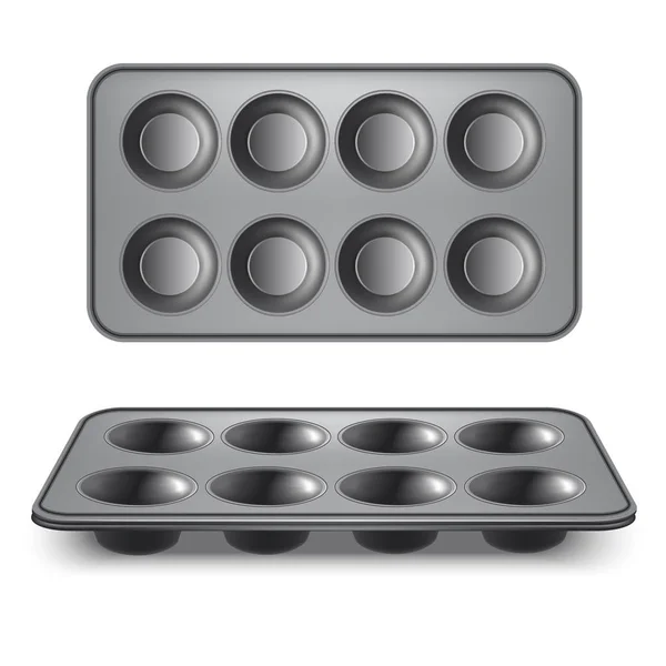 Realistische 3D gedetailleerde pan voor cupcakes set. Vector — Stockvector