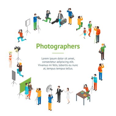 Karikatür Karakterler Profesyonel Fotoğrafçılar ve Moda Modelleri Banner Kart Circle. Vektör