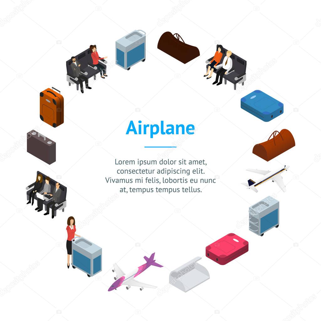 Airplane Interior Elements with People Banner Card Circle Isometric View. Vector