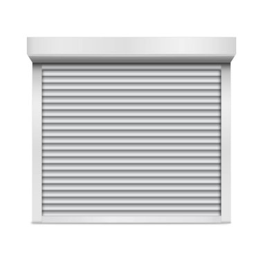 Gerçekçi 3D detaylı beyaz kapalı deklanşör kapı. Vektör