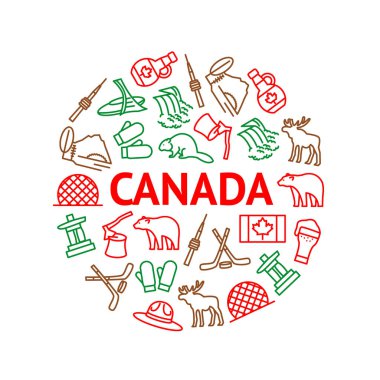 Seyahat Kanada Işaretler Ince çizgi yuvarlak tasarım şablon reklam. Vektör