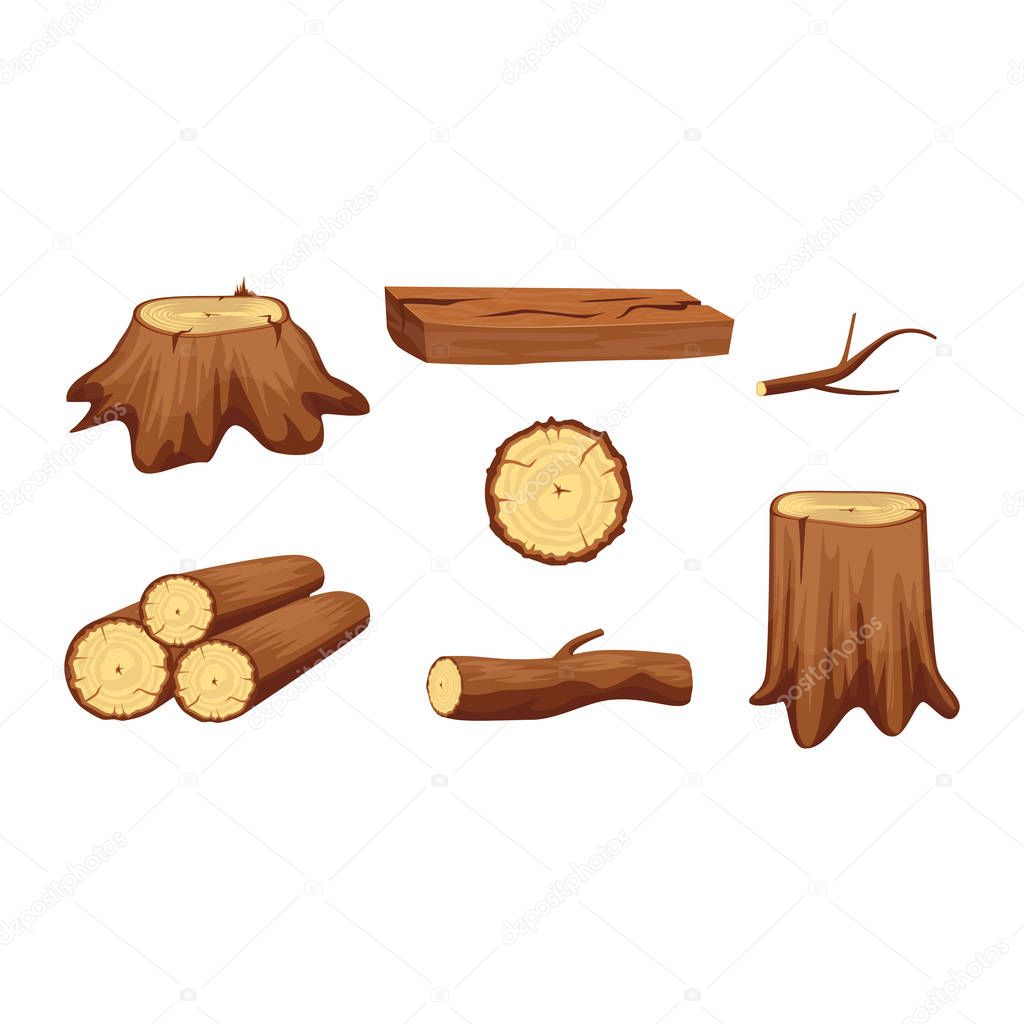 Wooden Trunk Materials and Firewood Set. Vector