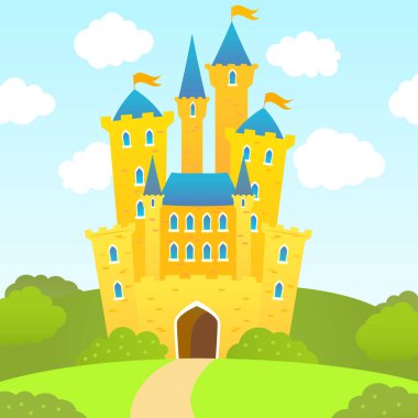 Bir manzara arkaplan sahnesinde Fairytale Kalesi. Vektör
