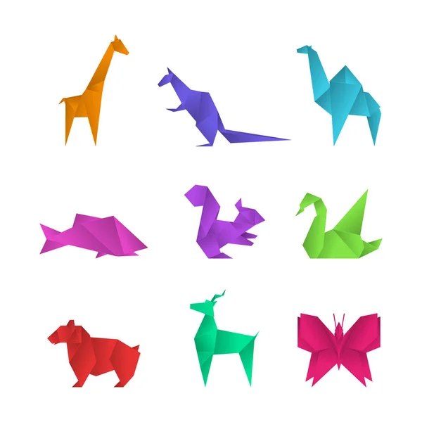 Realistische detaillierte 3D Origami Papier Tiere Set. Vektor — Stockvektor