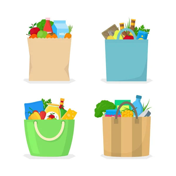 Bolsa de compras a color de dibujos animados con conjunto de iconos de alimentos. Vector — Vector de stock