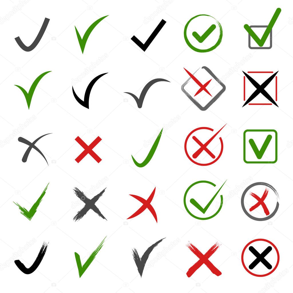 Cartoon Check Mark Buttons Rejection or Confirmation Signs Icon Set. Vector