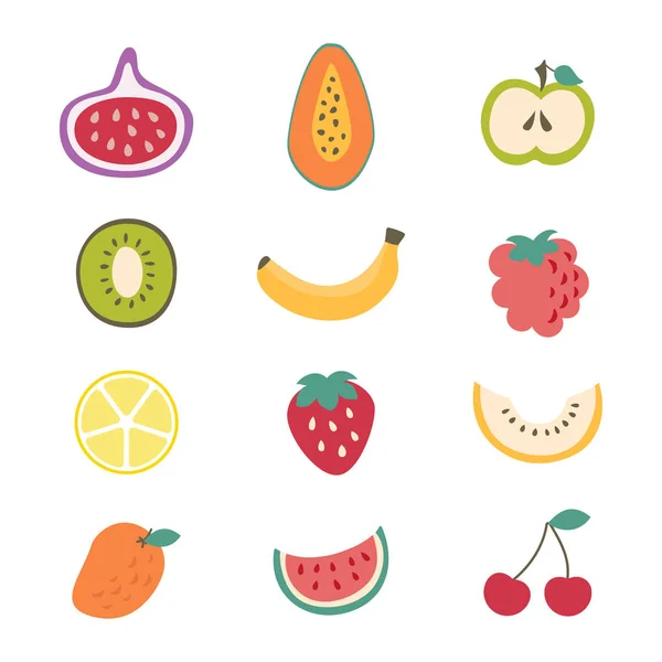 Tecknad färg olika typer frukter Ikonuppsättning. Vektor — Stock vektor