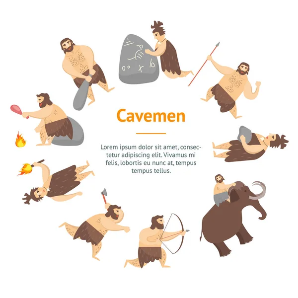 Cartoon personages Caveman cute mensen banner kaart cirkel. Vector — Stockvector