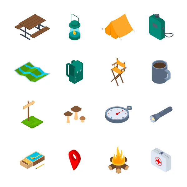 Camping Hiking Sign 3d Icon Set Isometric View. Vector — Stock Vector