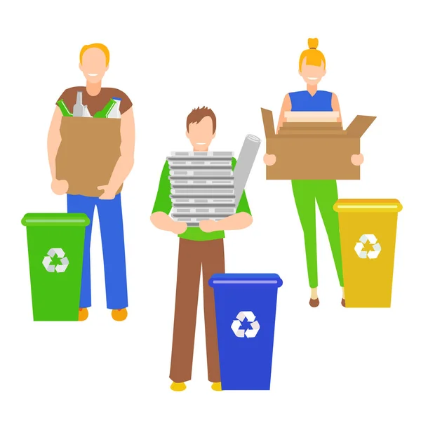 Kreslené barevné znaky lidé v držení recyklovatelného zboží. Vektorové — Stockový vektor