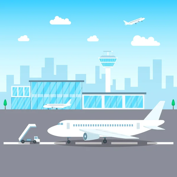 Airport Passenger Terminal Concept on a Landscape Background Scene (en inglés). Vector — Archivo Imágenes Vectoriales