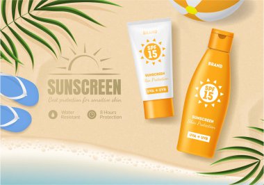 Sunscreen Kozmetik Ürün Reklam Konsept Kartı Arka Plan. Vektör
